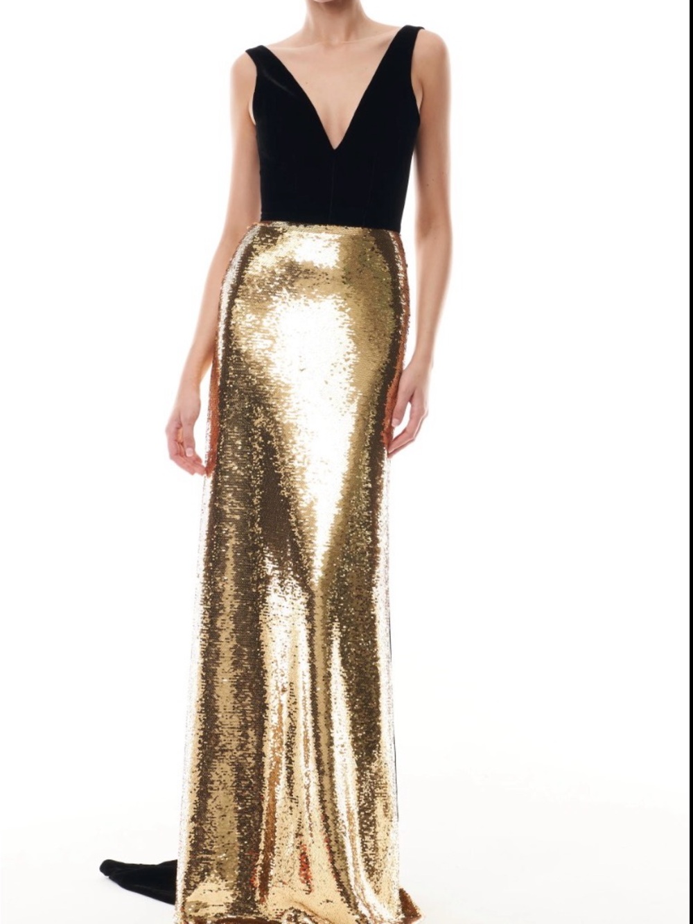 Rare Monique Lhuillier Noir Black Velvet Top with Gold Sequin Gown